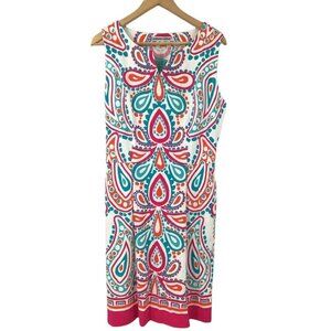 Barbara Gerwit Paisley Knit Pleated Dress Size L New NWT White Pink Stretch Blue